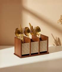 Bohemian Wooden Cutlery Caddy with Cane Webbing